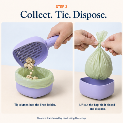 Instructional graphic showing Step 3 of using a lavender plastic waste transfer set. The left panel shows a hand using a lavender scoop to transfer cat feces into a light green bag lined in a lavender holder.